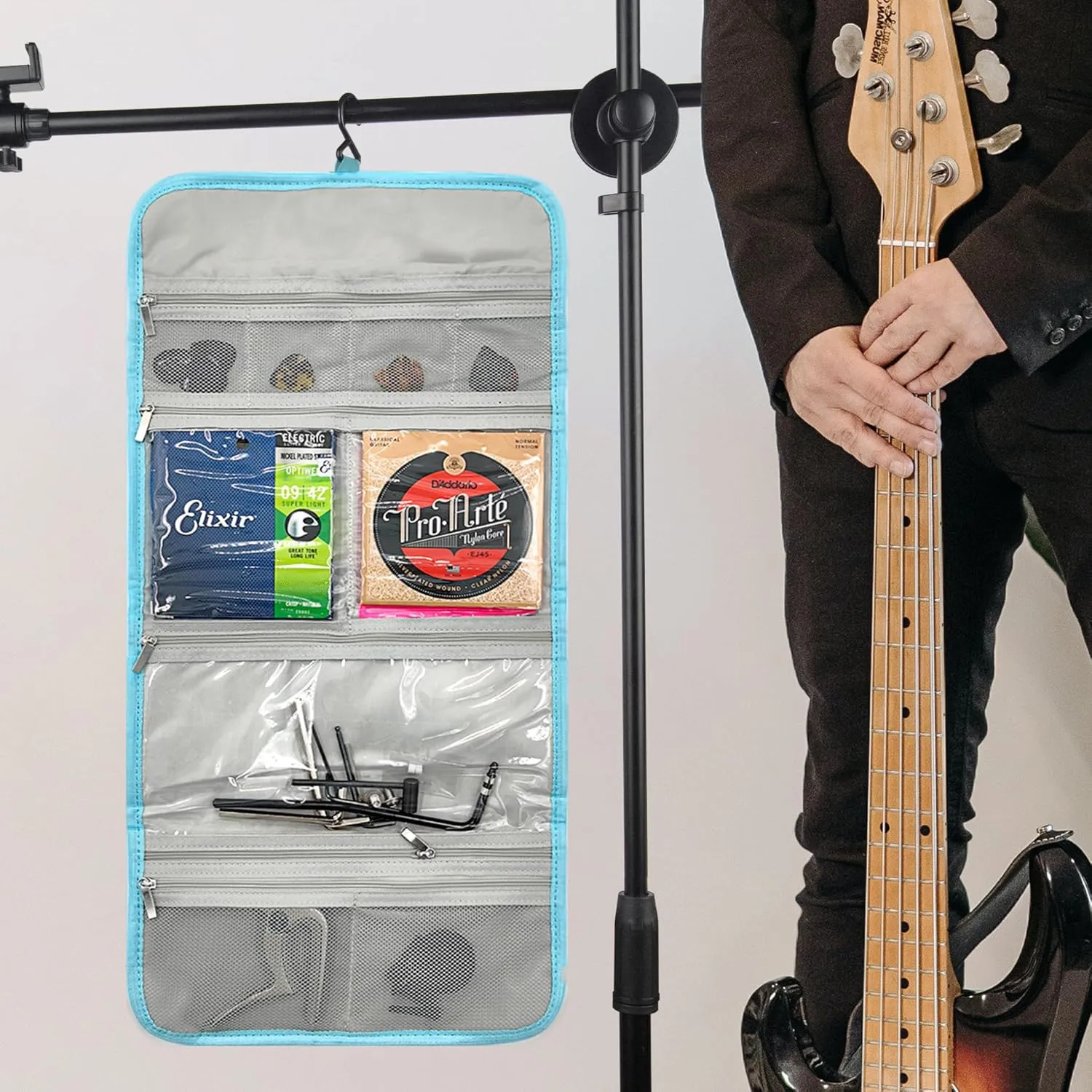 Guitar Accessory Organizer Bag, Foldable Easy Access Pockets Case, Picks, Strap, Capo, Strings Holder Storage (Blue)