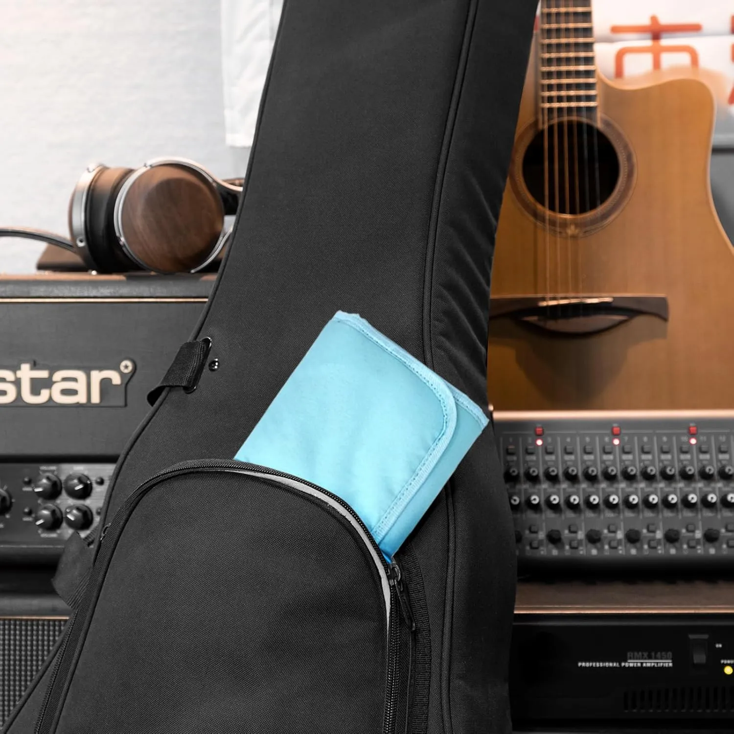 Guitar Accessory Organizer Bag, Foldable Easy Access Pockets Case, Picks, Strap, Capo, Strings Holder Storage (Blue)