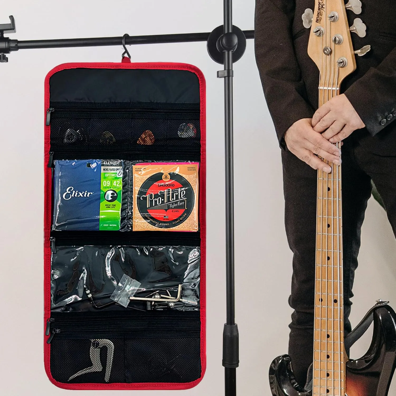 Guitar Accessory Organizer Bag, Foldable Easy Access Pockets Case, Picks, Strap, Capo, Strings Holder Storage (Red)