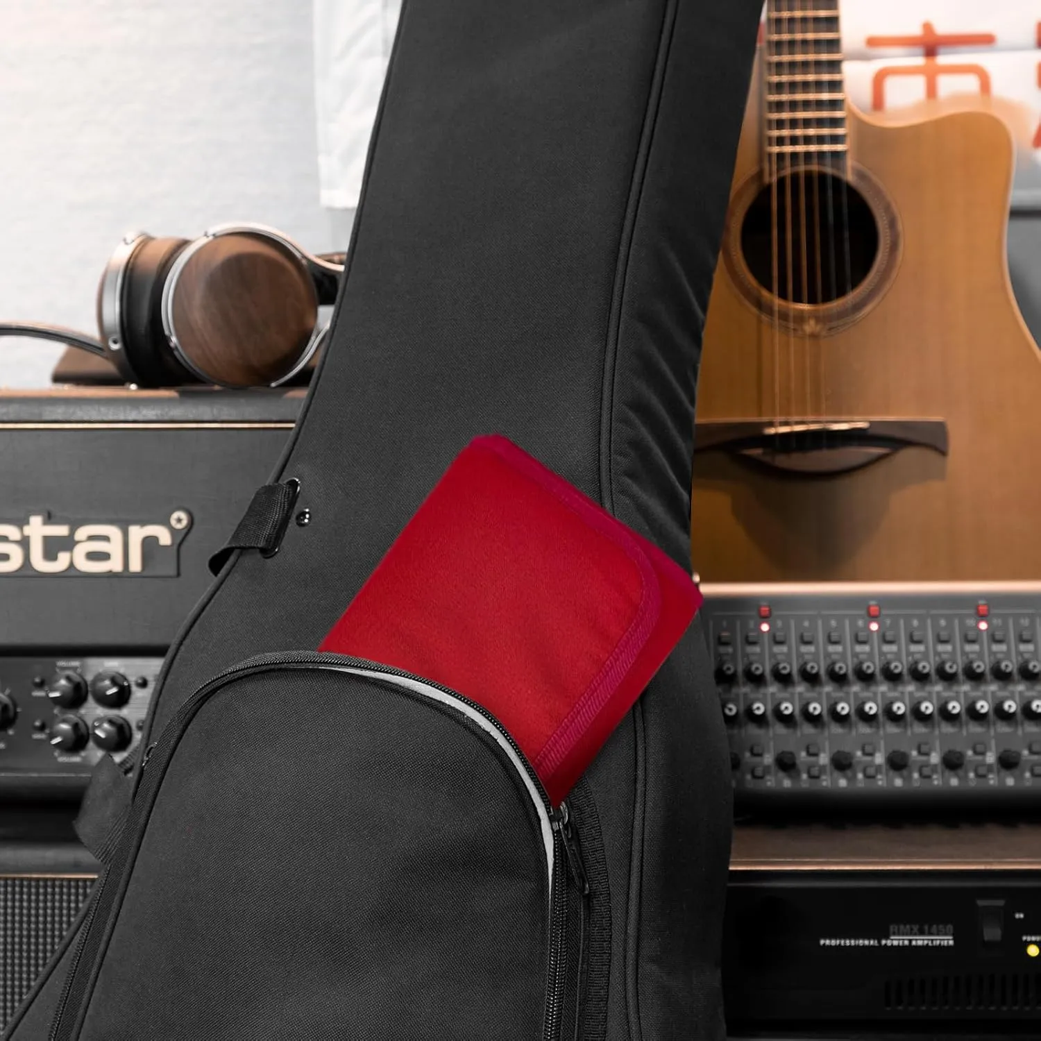 Guitar Accessory Organizer Bag, Foldable Easy Access Pockets Case, Picks, Strap, Capo, Strings Holder Storage (Red)