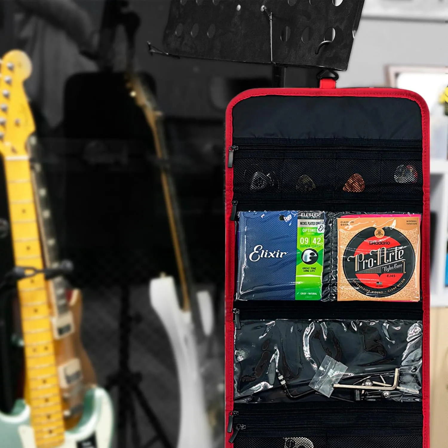 Guitar Accessory Organizer Bag, Foldable Easy Access Pockets Case, Picks, Strap, Capo, Strings Holder Storage (Red)