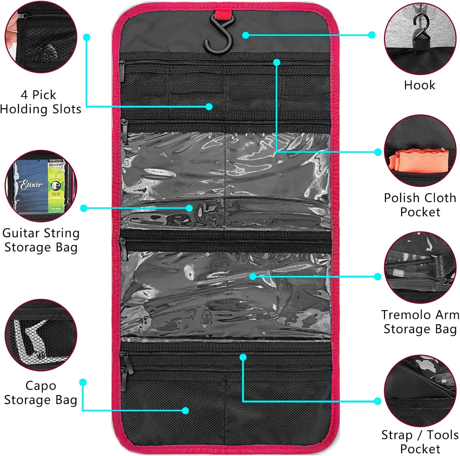 Guitar Accessory Organizer Bag, Foldable Easy Access Pockets Case, Picks, Strap, Capo, Strings Holder Storage (Red)