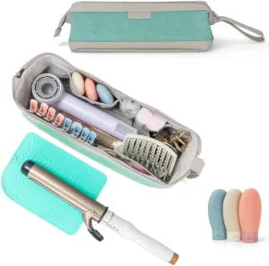 ‍Hair Tool Travel Bag with Heat Resistant Mat – Travel Case for Curling Iron, Straightener, Dy son Air wrap, Shark FlexStyle – Waterproof Organizer with Silicone Bottles