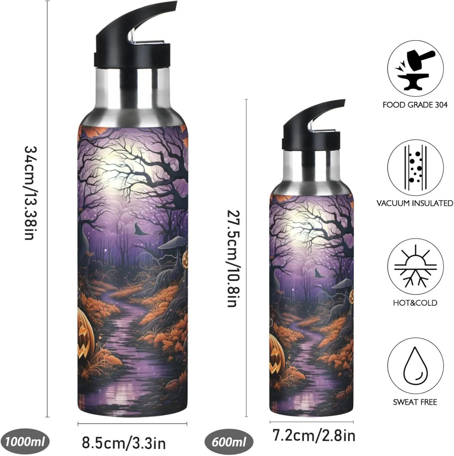 Halloween Art Pumpkin Moon Sport Water Bottle Insulated Stainless Steel Large Vacuum Flask Leak Proof Thermos with Straw for Travel(600ml/1000ml)