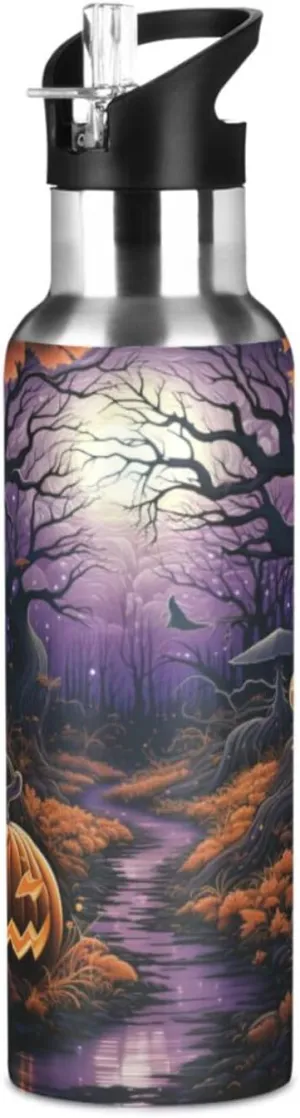 Halloween Art Pumpkin Moon Sport Water Bottle Insulated Stainless Steel Large Vacuum Flask Leak Proof Thermos with Straw for Travel(600ml/1000ml)
