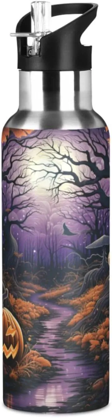 Halloween Art Pumpkin Moon Sport Water Bottle Insulated Stainless Steel Large Vacuum Flask Leak Proof Thermos with Straw for Travel(600ml/1000ml)
