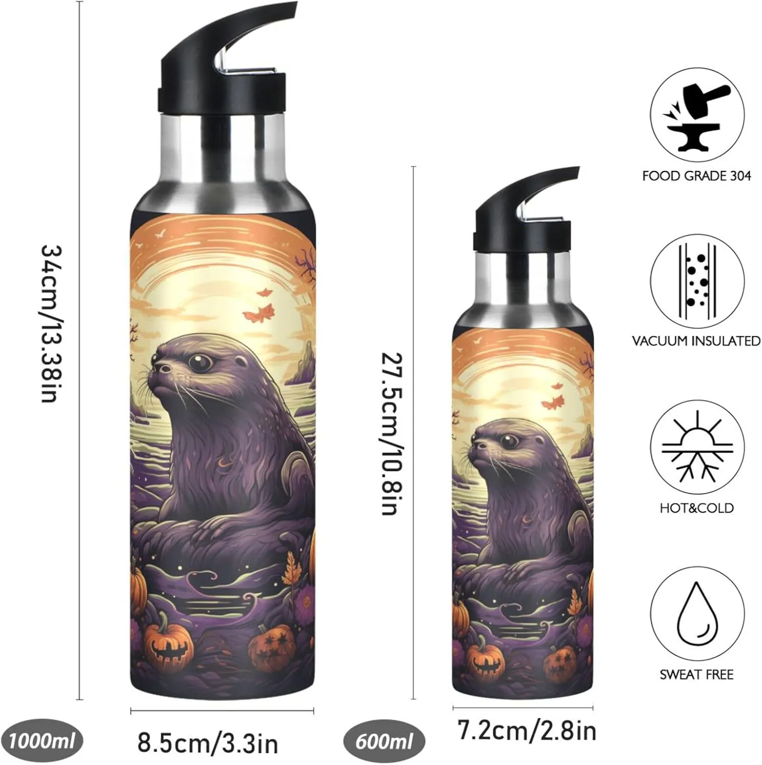 Halloween Pumpkin Sealion Sport Water Bottle Insulated Stainless Steel Large Vacuum Flask Leak Proof Thermos with Straw for Travel(600ml/1000ml)