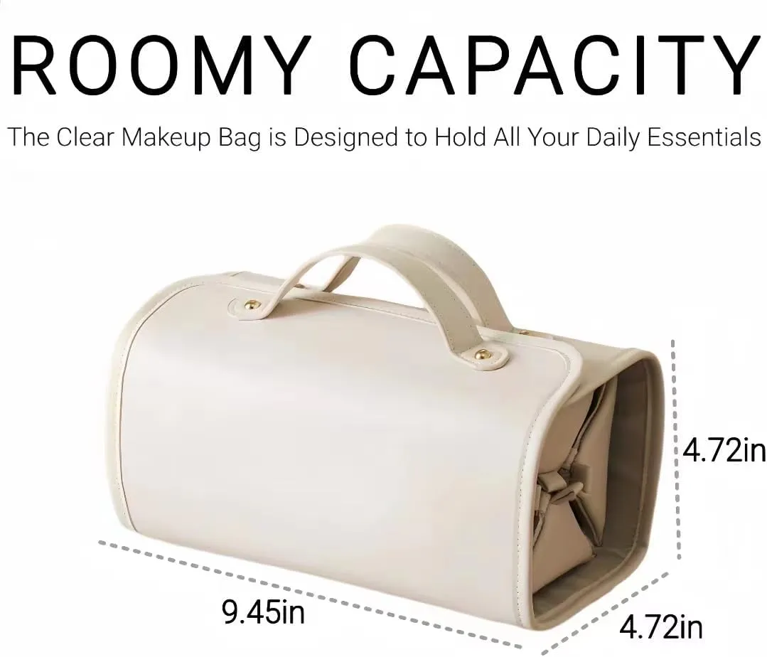 Hand-Roll Portable Clear Makeup Bags, Travel Cosmetic Zipper Pouch for Women, Transparent Makeup Organizer Storage Case with Make Up Brush Compartment, Clear Travel Toiletry Bags for Girls (Beige)