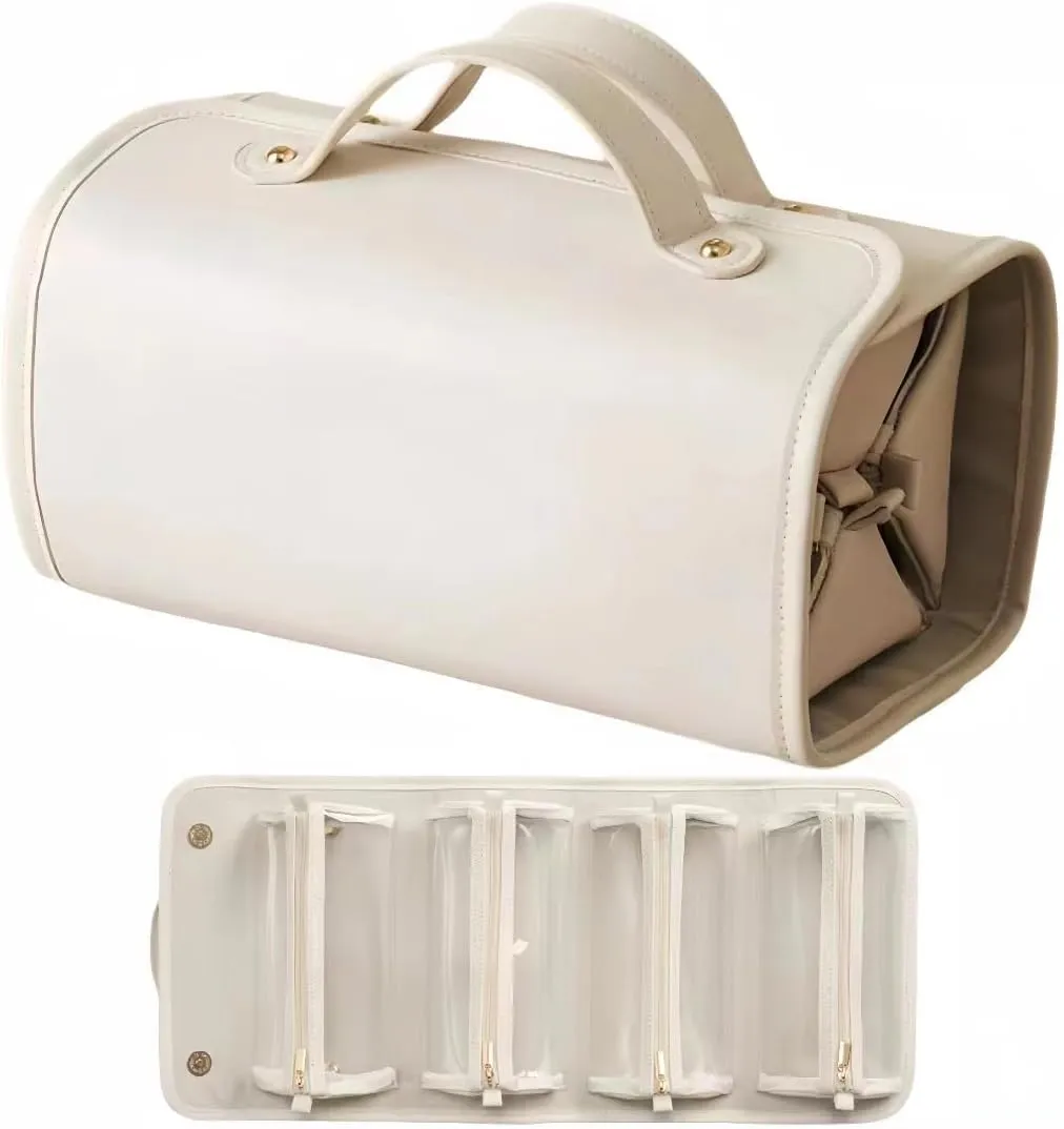 Hand-Roll Portable Clear Makeup Bags, Travel Cosmetic Zipper Pouch for Women, Transparent Makeup Organizer Storage Case with Make Up Brush Compartment, Clear Travel Toiletry Bags for Girls (Beige)