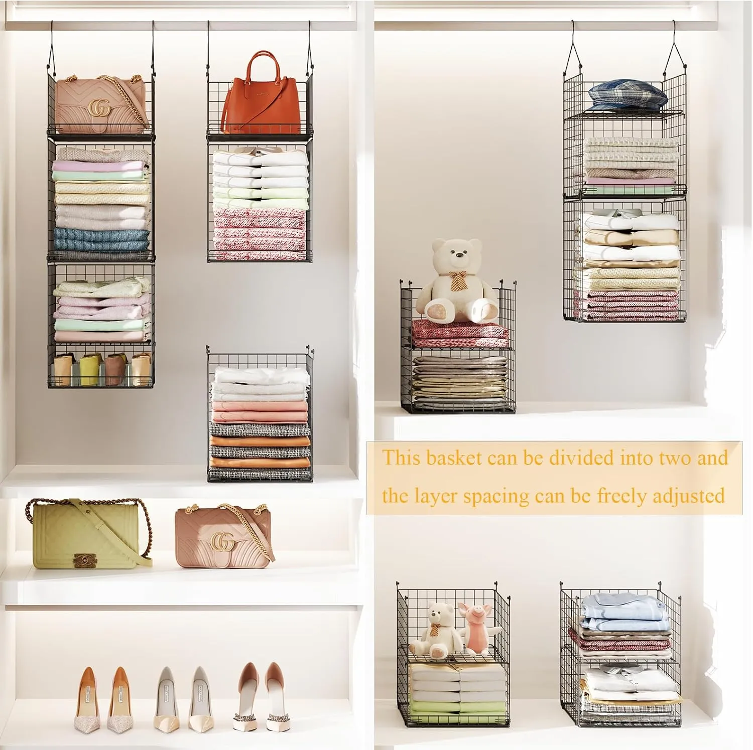 Hanging Closet Organizer and Storage, Collapsible Closet Hanging Shelves with Adjustable Dividers, Hanging Shelves for Clothing Sweaters Socks Dolls Handbags, Separable, Black