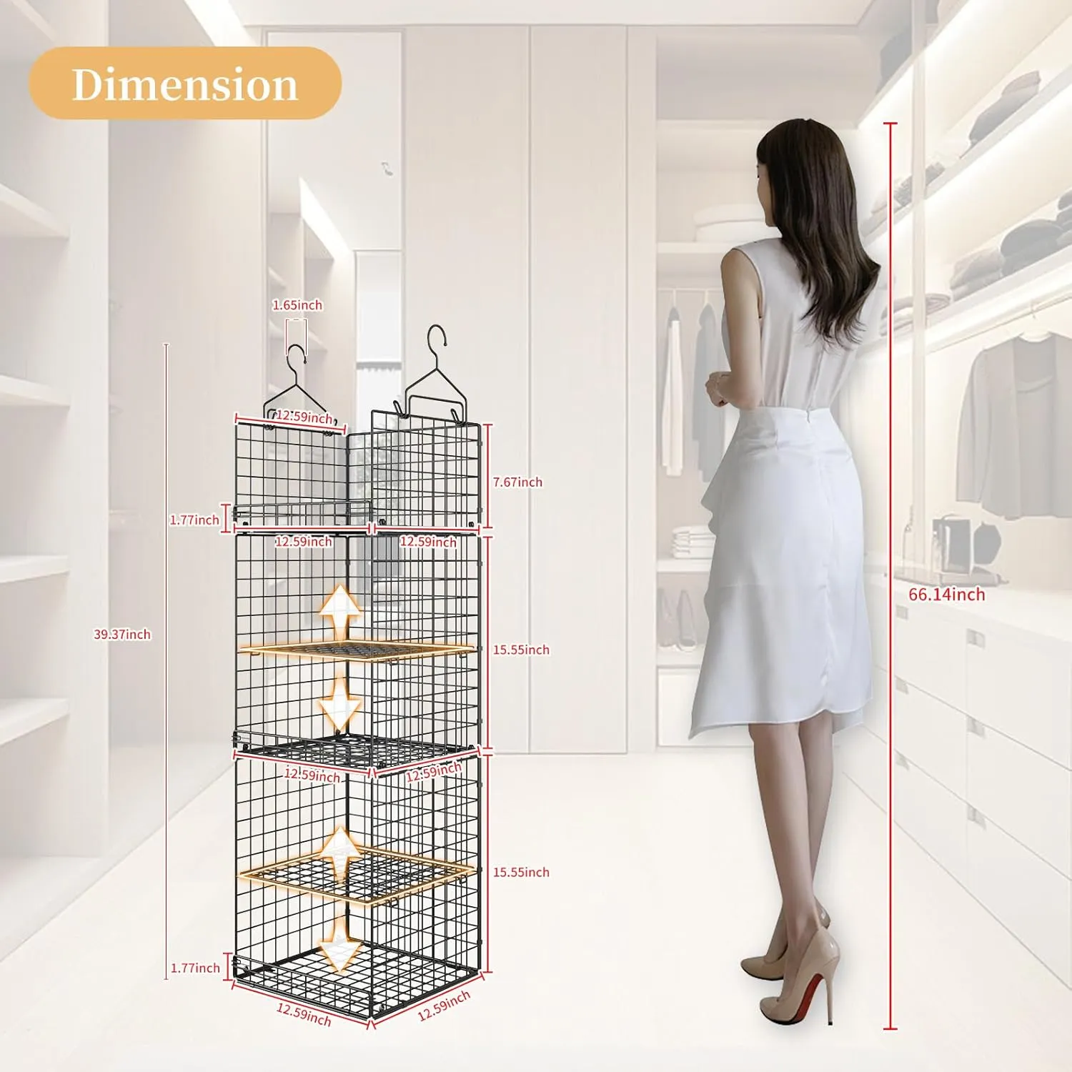 Hanging Closet Organizer and Storage, Collapsible Closet Hanging Shelves with Adjustable Dividers, Hanging Shelves for Clothing Sweaters Socks Dolls Handbags, Separable, Black