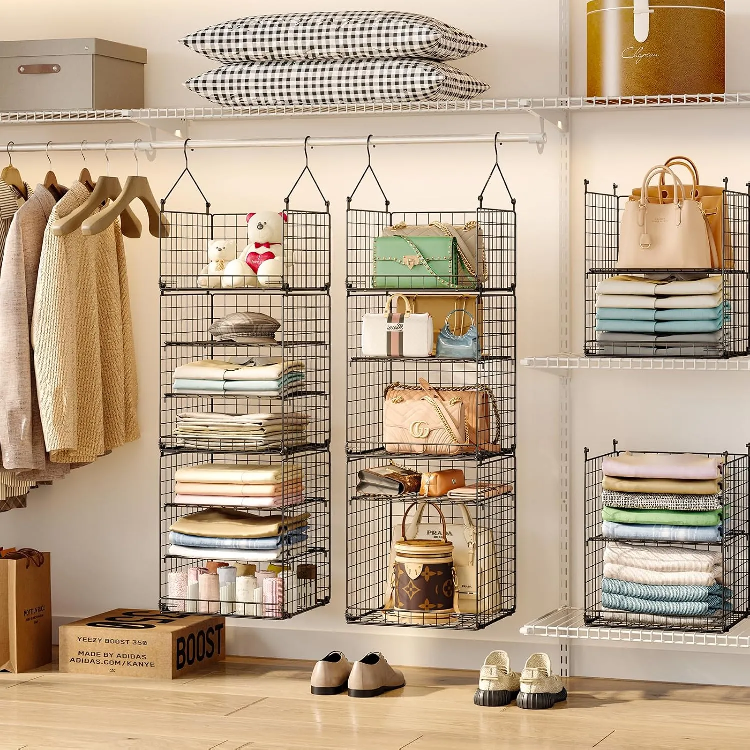 Hanging Closet Organizer and Storage, Collapsible Closet Hanging Shelves with Adjustable Dividers, Hanging Shelves for Clothing Sweaters Socks Dolls Handbags, Separable, Black