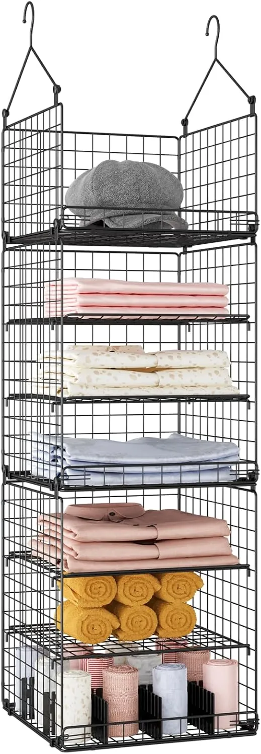 Hanging Closet Organizer and Storage, Collapsible Closet Hanging Shelves with Adjustable Dividers, Hanging Shelves for Clothing Sweaters Socks Dolls Handbags, Separable, Black