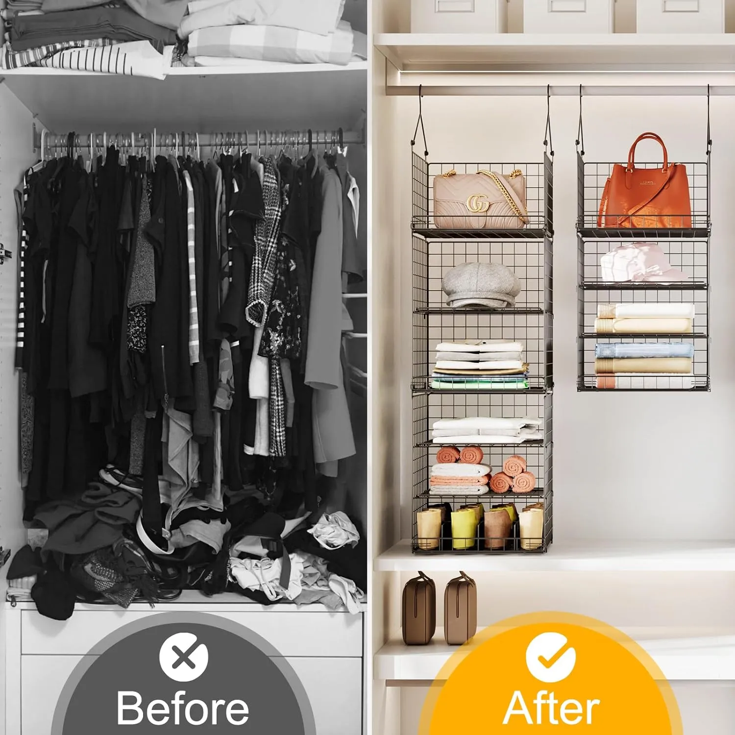 Hanging Closet Organizer and Storage, Collapsible Closet Hanging Shelves with Adjustable Dividers, Hanging Shelves for Clothing Sweaters Socks Dolls Handbags, Separable, Black