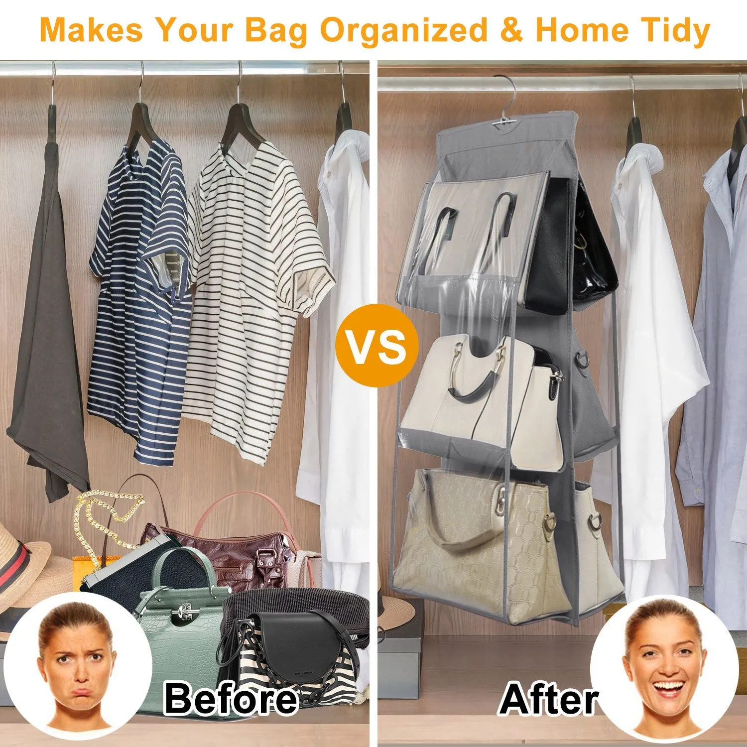 Hanging HandBag Organizer with 6 Pockets Closet Purse Storage