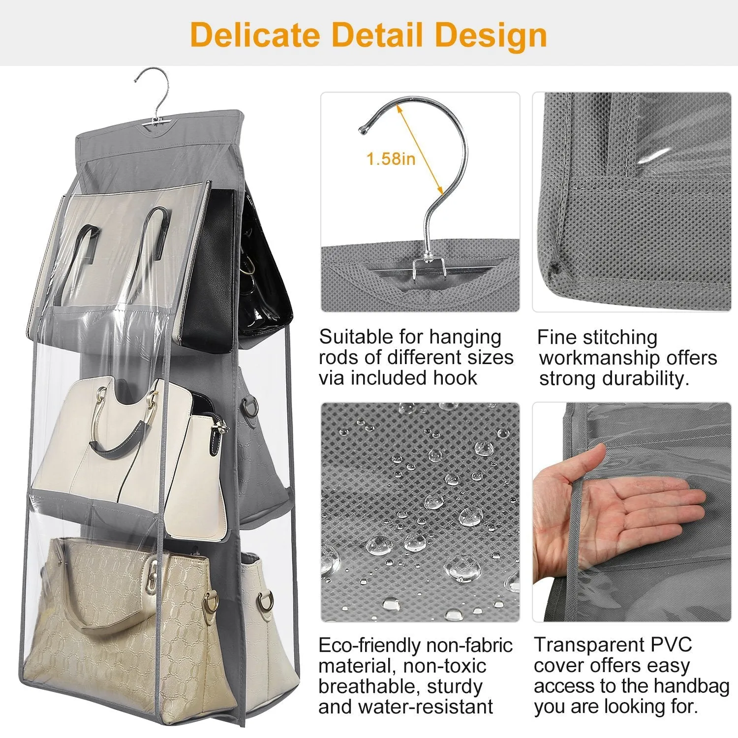 Hanging HandBag Organizer with 6 Pockets Closet Purse Storage