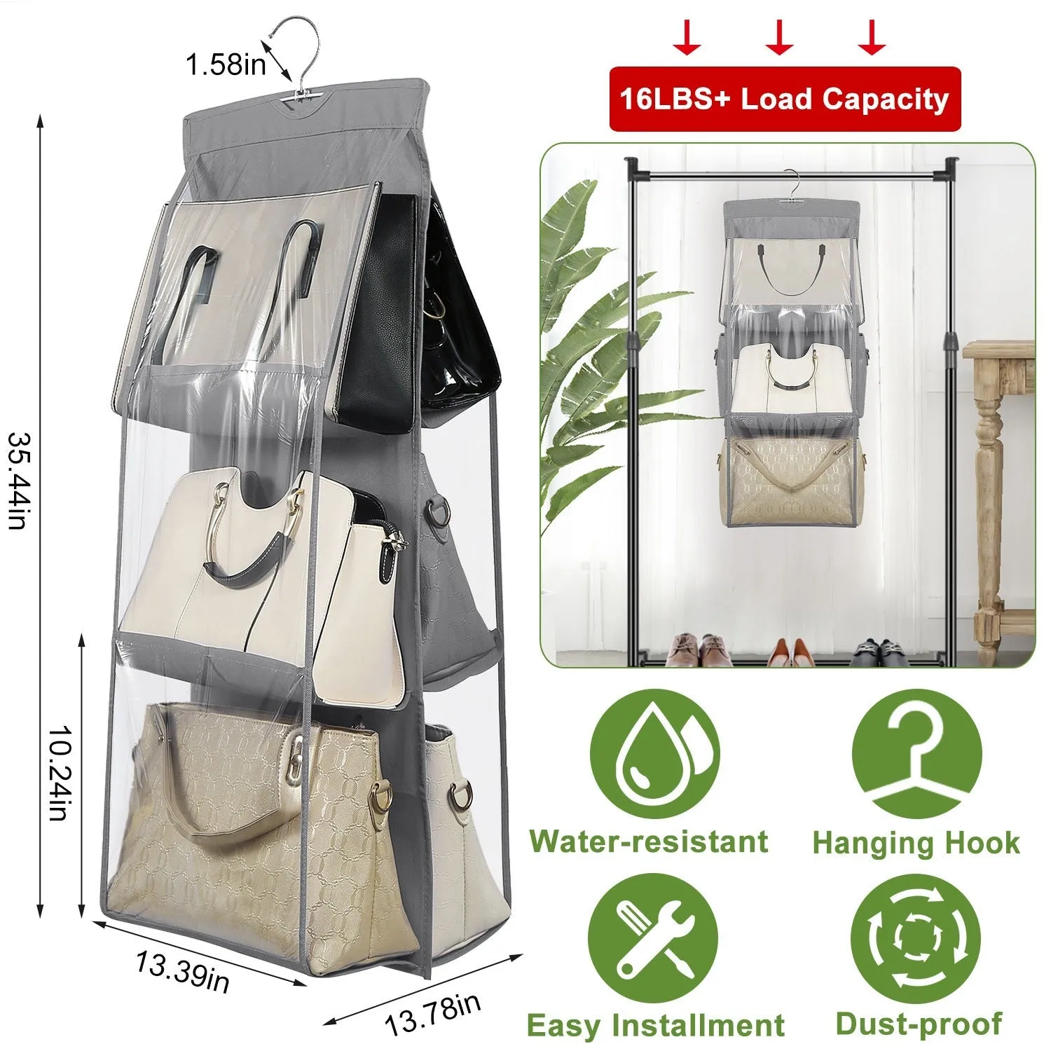 Hanging HandBag Organizer with 6 Pockets Closet Purse Storage