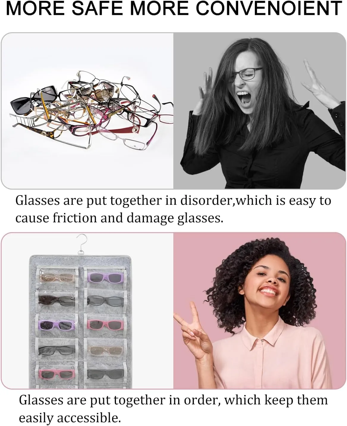 Hanging Jewelry Organizer Dust Proof Eyeglasses Holder with 32 Clear Slots, Sunglasses Organizer Storage Wall Mounted, Sunglasses Display With 360-Degree Rotating Hook (Grey)