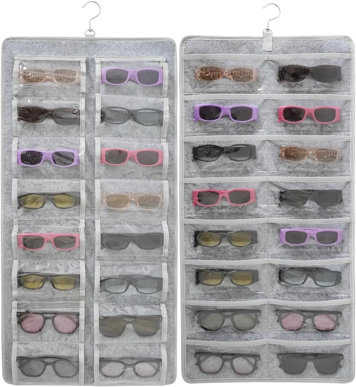 Hanging Jewelry Organizer Dust Proof Eyeglasses Holder with 32 Clear Slots, Sunglasses Organizer Storage Wall Mounted, Sunglasses Display With 360-Degree Rotating Hook (Grey)