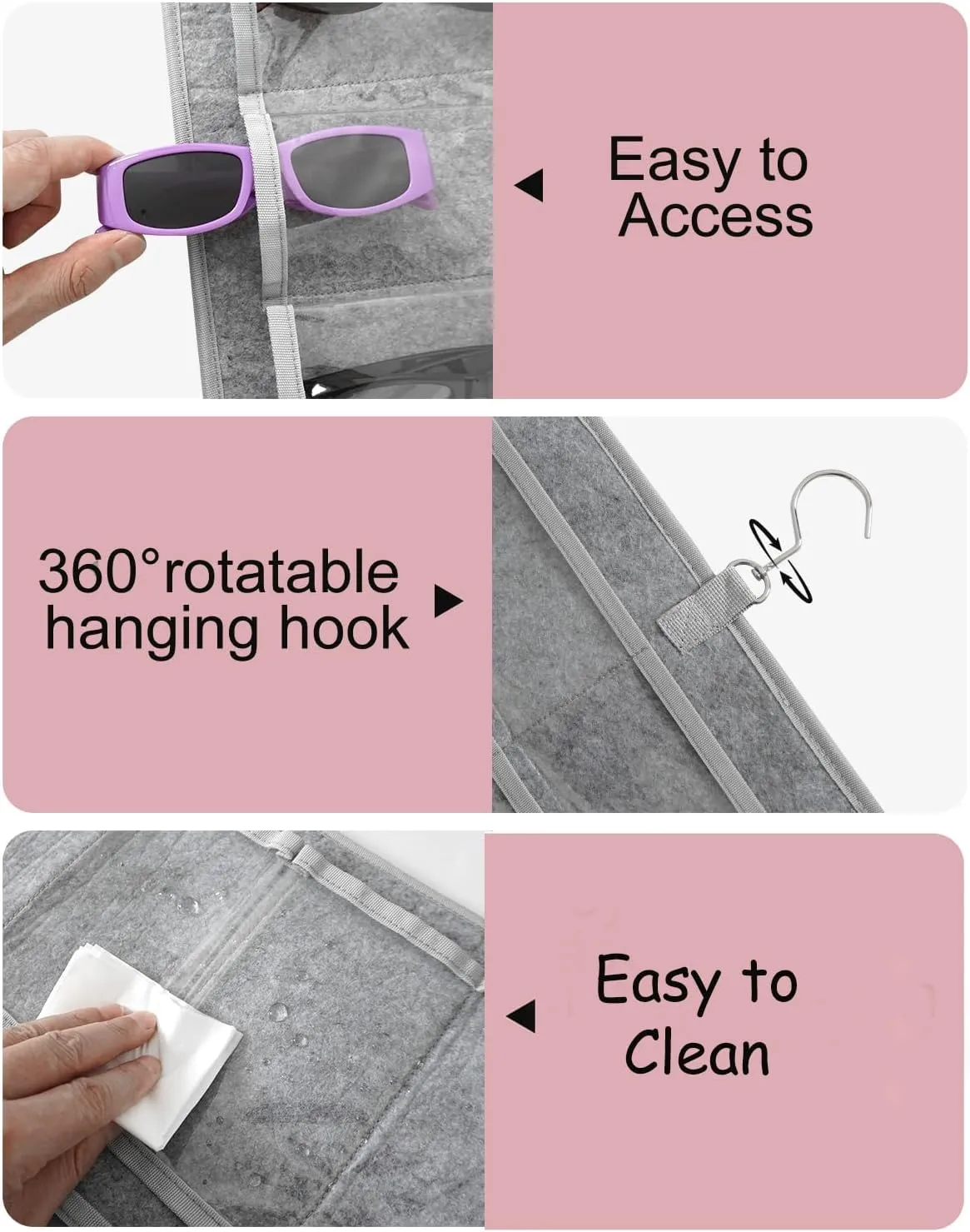 Hanging Jewelry Organizer Dust Proof Eyeglasses Holder with 32 Clear Slots, Sunglasses Organizer Storage Wall Mounted, Sunglasses Display With 360-Degree Rotating Hook (Grey)