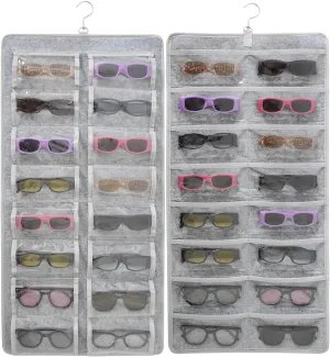 Hanging Jewelry Organizer Dust Proof Eyeglasses Holder with 32 Clear Slots, Sunglasses Organizer Storage Wall Mounted, Sunglasses Display With 360-Degree Rotating Hook (Grey)