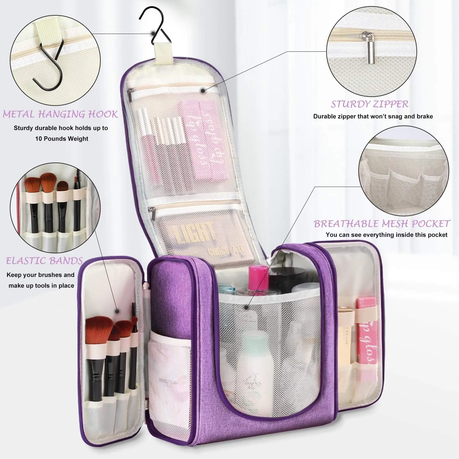 Hanging Toiletry Bag Extra Large Capacity | Premium Travel Organizer Bags For Men And Women | Durable Waterproof Nylon Bathroom, Shower, Makeup Bag For Toiletries, Cosmetics, Brushes