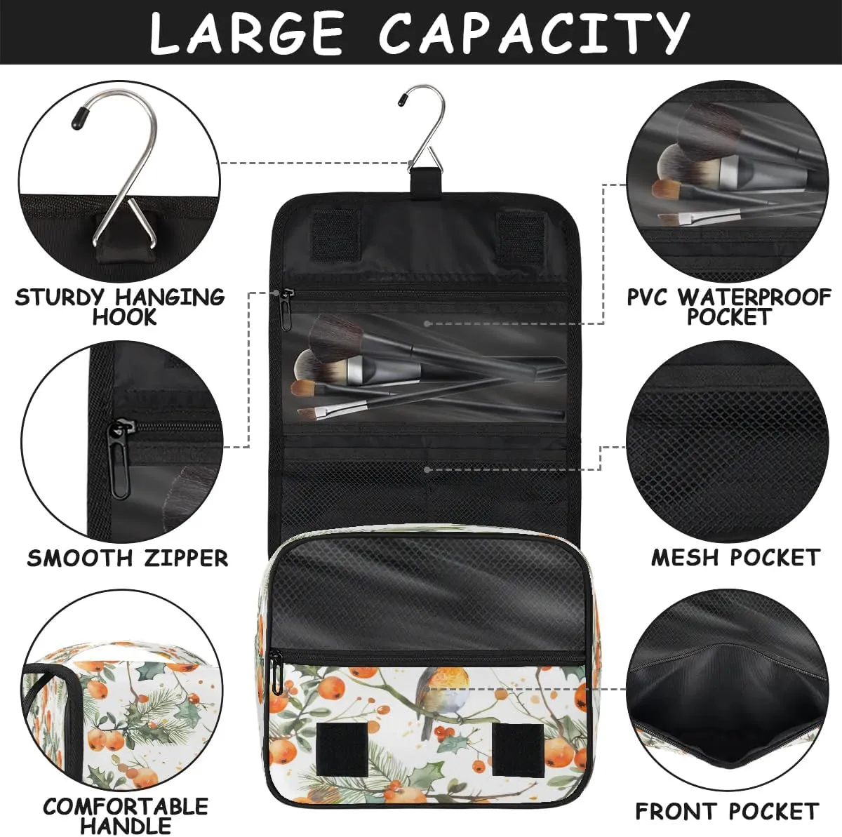 Hanging Travel Toiletry Bag Bird Tree Toiletry Bags with Hanging Hook Portable Cosmetic Bag Makeup Organizer for Travel Business Trip