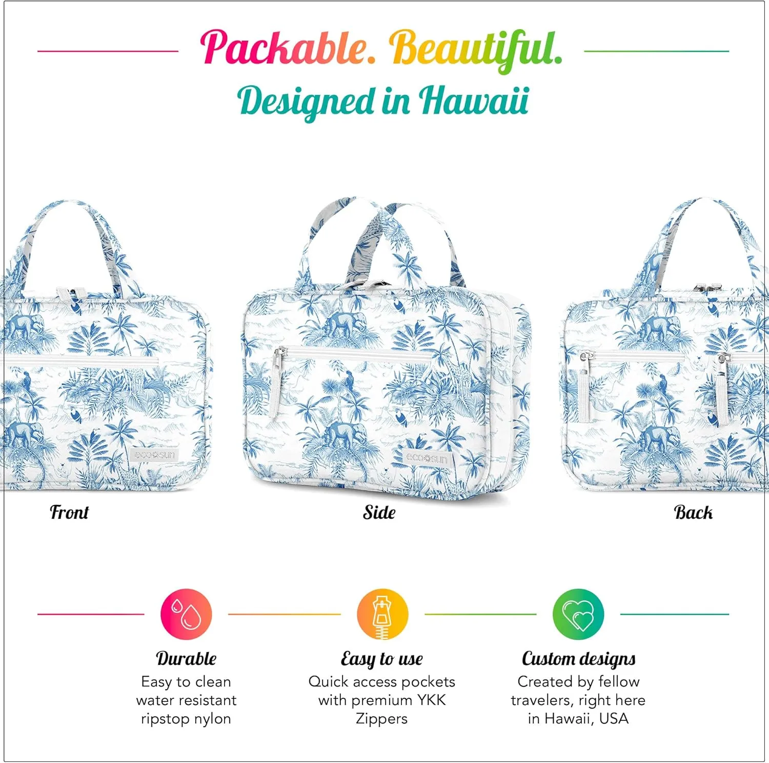 Hanging Travel Toiletry Bag — Designed in Hawaii — Water-resistant Travel Organizer for Bathroom Accessories