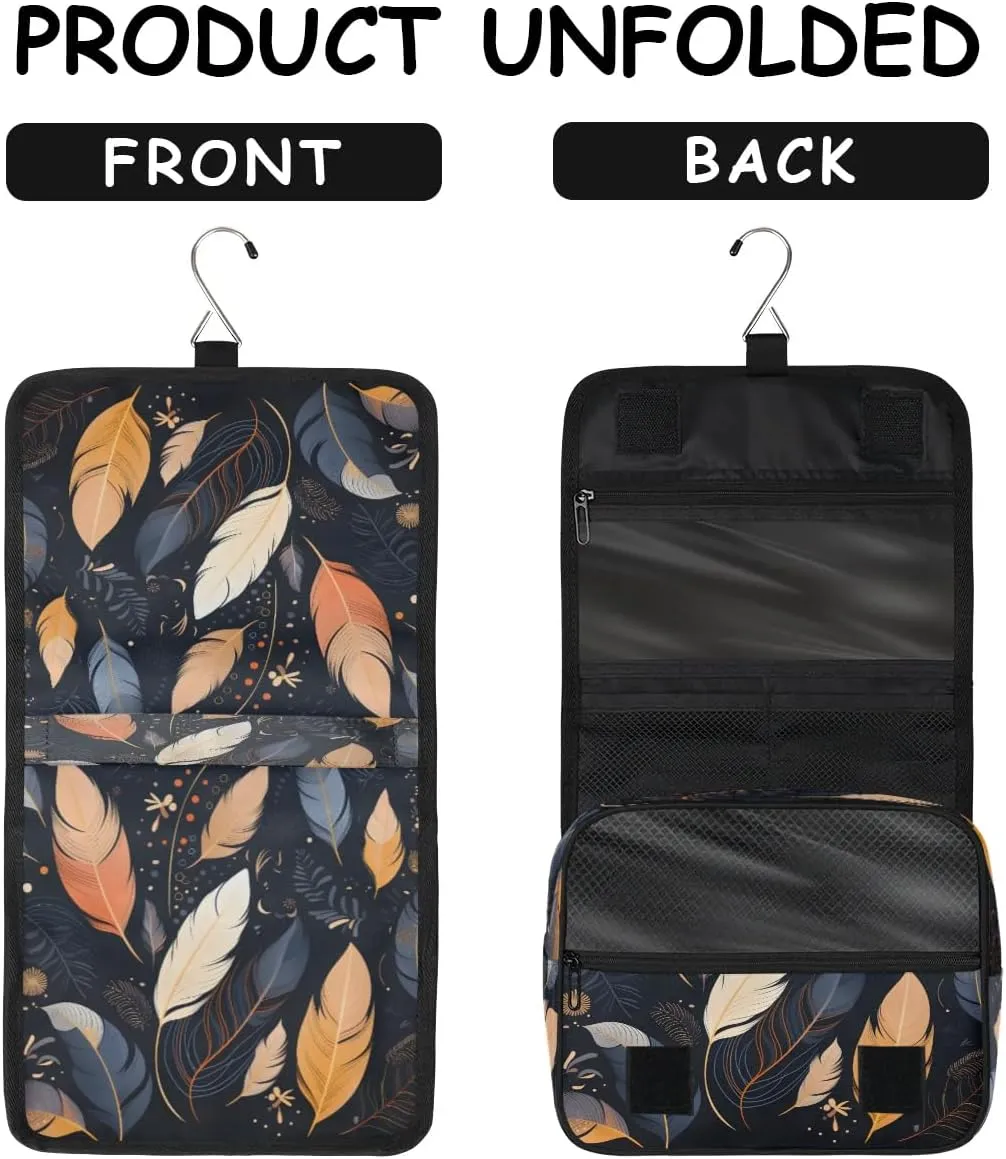Hanging Travel Toiletry Bag Feathers Toiletry Bags with Hanging Hook Portable Cosmetic Bag Makeup Organizer for Travel Business Trip