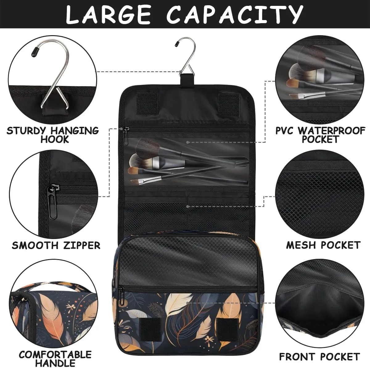 Hanging Travel Toiletry Bag Feathers Toiletry Bags with Hanging Hook Portable Cosmetic Bag Makeup Organizer for Travel Business Trip