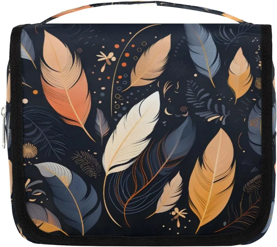 Hanging Travel Toiletry Bag Feathers Toiletry Bags with Hanging Hook Portable Cosmetic Bag Makeup Organizer for Travel Business Trip