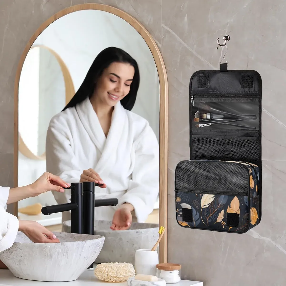 Hanging Travel Toiletry Bag Feathers Toiletry Bags with Hanging Hook Portable Cosmetic Bag Makeup Organizer for Travel Business Trip