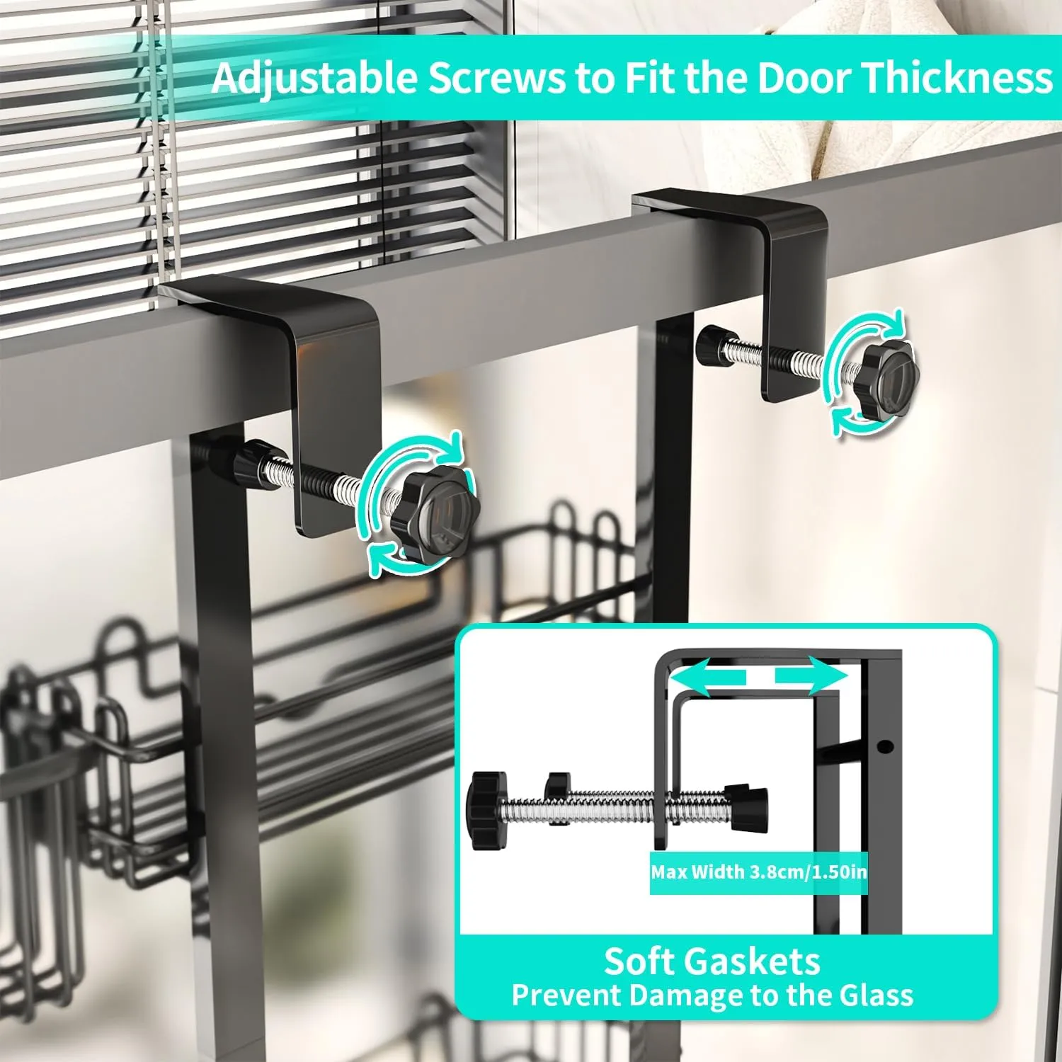 HapiRm 4 Tier Over the Door Shower Caddy, Hanging Shower Caddy with 22 Hooks and 2 Toothbrush Holders, No Drilling Adjustable Hanging Bathroom Organizer - Black