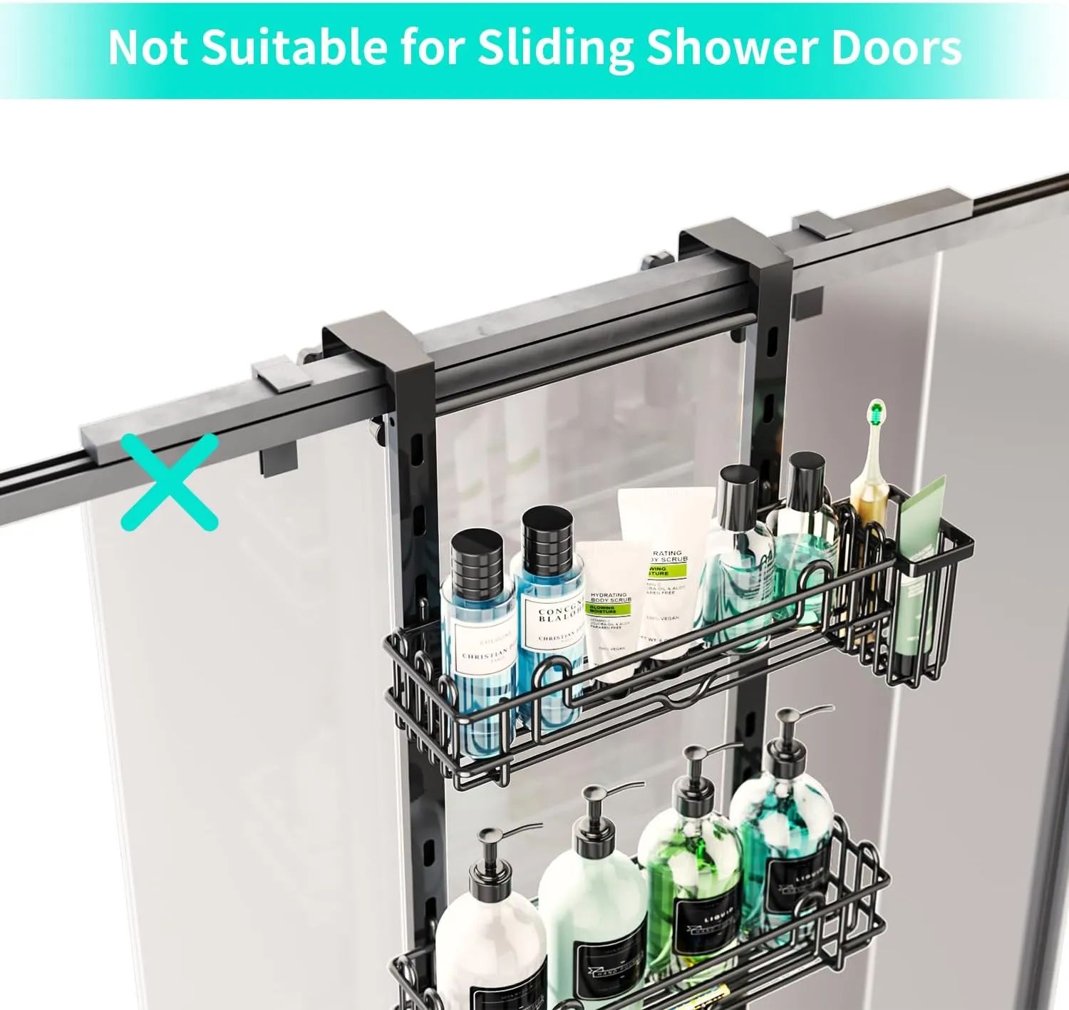 HapiRm 4 Tier Over the Door Shower Caddy, Hanging Shower Caddy with 22 Hooks and 2 Toothbrush Holders, No Drilling Adjustable Hanging Bathroom Organizer - Black