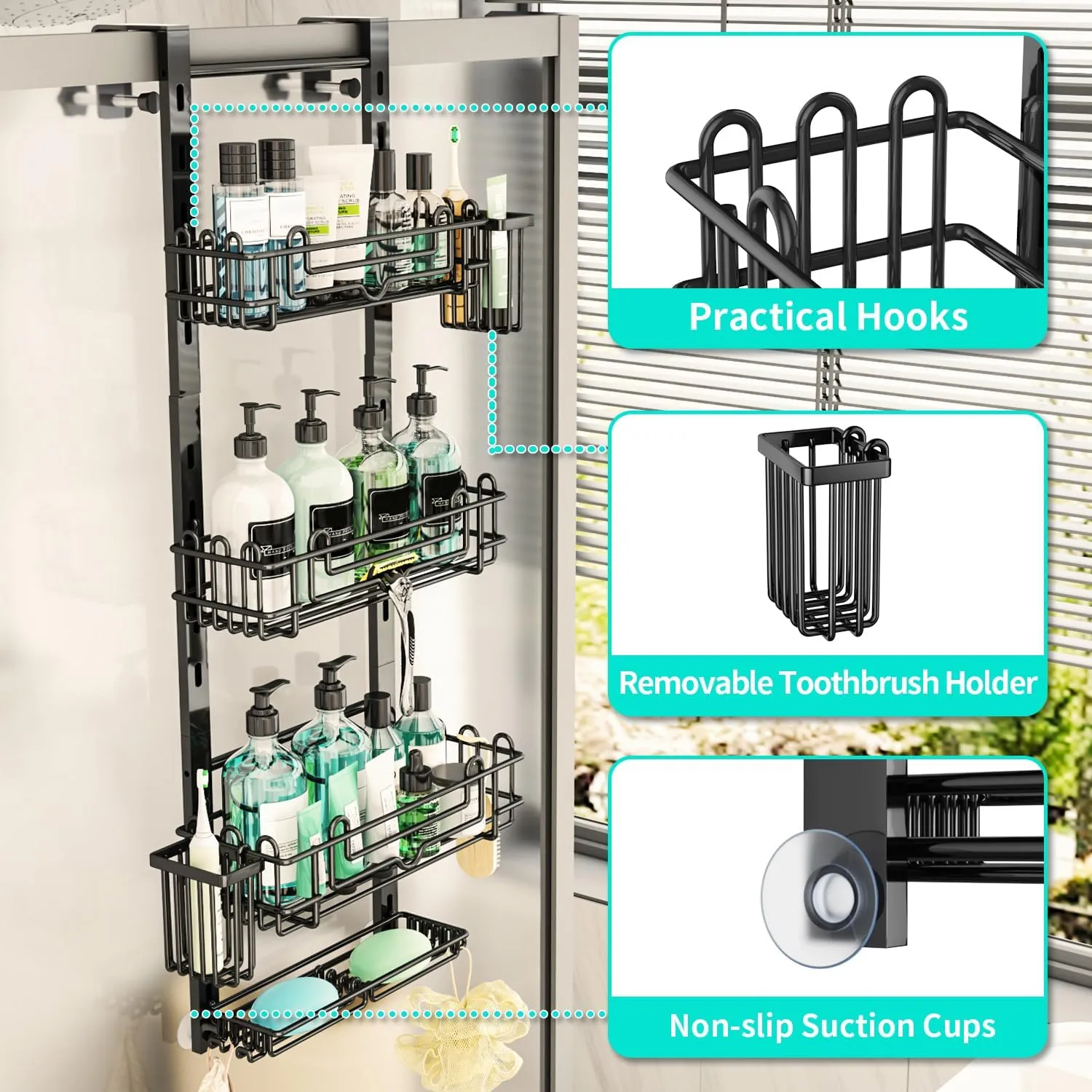 HapiRm 4 Tier Over the Door Shower Caddy, Hanging Shower Caddy with 22 Hooks and 2 Toothbrush Holders, No Drilling Adjustable Hanging Bathroom Organizer - Black