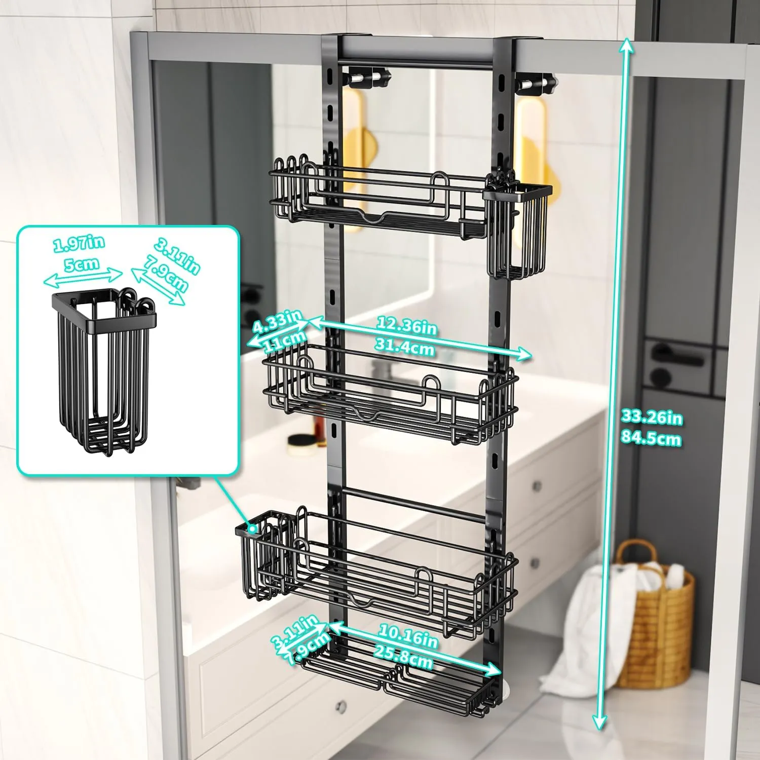 HapiRm 4 Tier Over the Door Shower Caddy, Hanging Shower Caddy with 22 Hooks and 2 Toothbrush Holders, No Drilling Adjustable Hanging Bathroom Organizer - Black