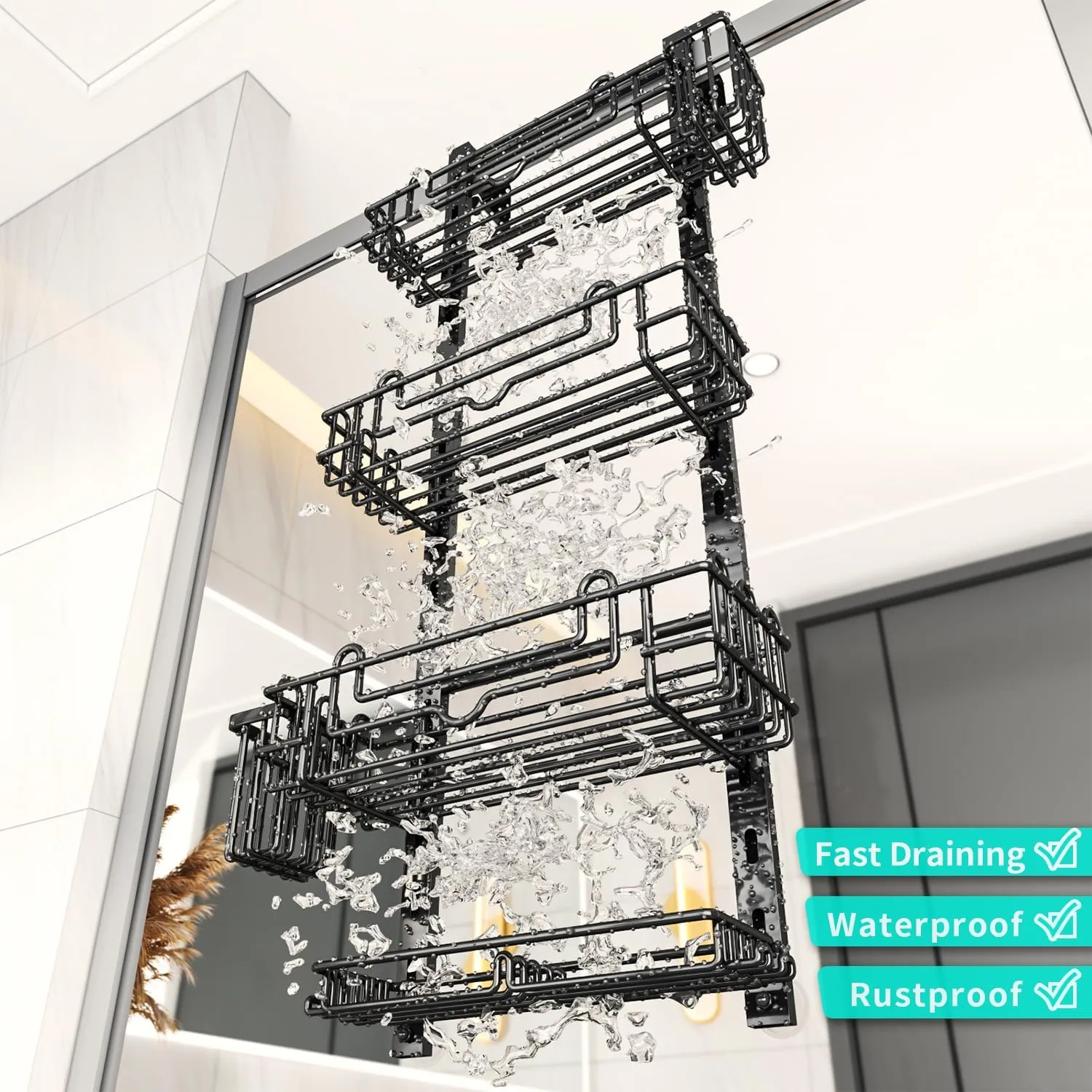 HapiRm 4 Tier Over the Door Shower Caddy, Hanging Shower Caddy with 22 Hooks and 2 Toothbrush Holders, No Drilling Adjustable Hanging Bathroom Organizer - Black