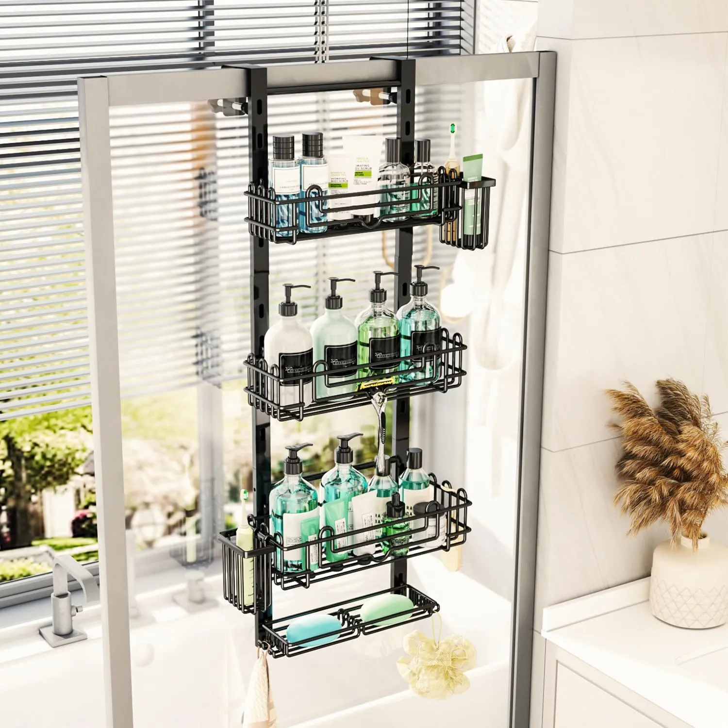 HapiRm 4 Tier Over the Door Shower Caddy, Hanging Shower Caddy with 22 Hooks and 2 Toothbrush Holders, No Drilling Adjustable Hanging Bathroom Organizer - Black