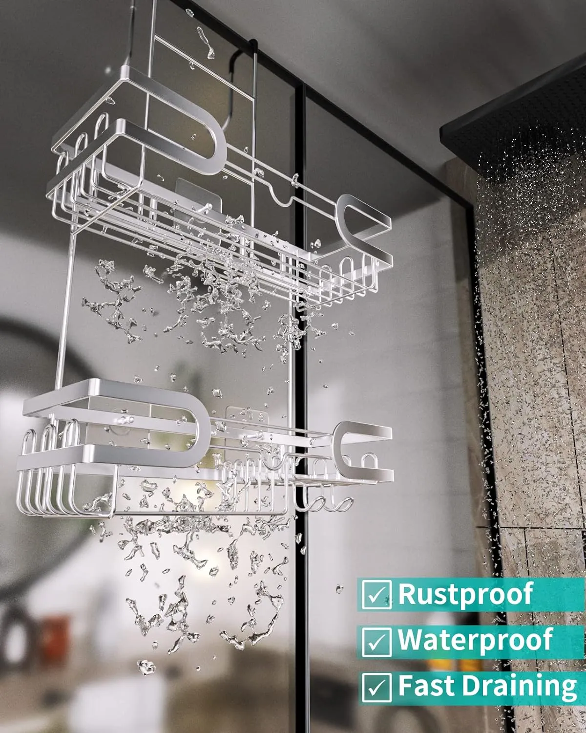 HapiRm Shower Caddy over Door- Hanging Shower Organizer with 14 Hooks and Soap Holder, Rustproof & Waterproof Stainless Steel Bathroom Caddy - Silver