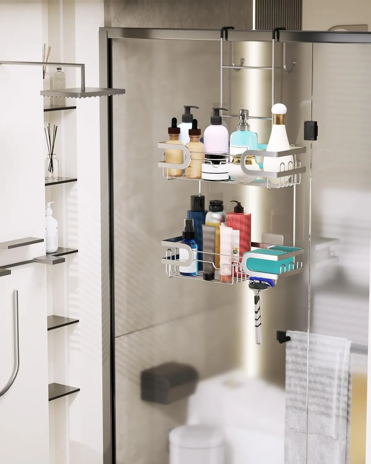 HapiRm Shower Caddy over Door- Hanging Shower Organizer with 14 Hooks and Soap Holder, Rustproof & Waterproof Stainless Steel Bathroom Caddy - Silver