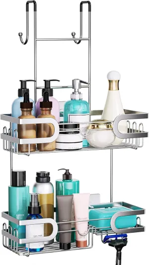 HapiRm Shower Caddy over Door- Hanging Shower Organizer with 14 Hooks and Soap Holder, Rustproof & Waterproof Stainless Steel Bathroom Caddy - Silver