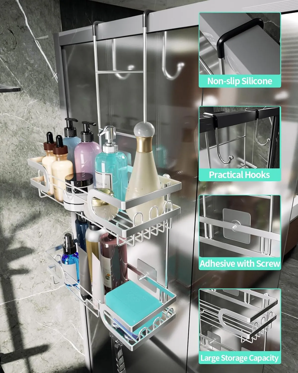 HapiRm Shower Caddy over Door- Hanging Shower Organizer with 14 Hooks and Soap Holder, Rustproof & Waterproof Stainless Steel Bathroom Caddy - Silver