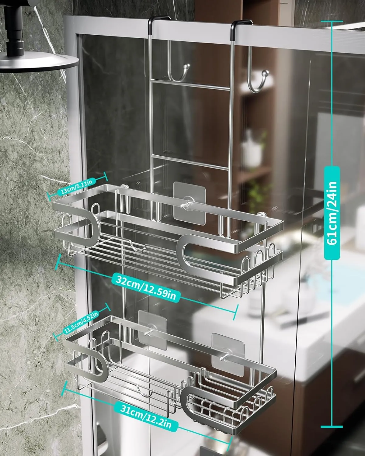HapiRm Shower Caddy over Door- Hanging Shower Organizer with 14 Hooks and Soap Holder, Rustproof & Waterproof Stainless Steel Bathroom Caddy - Silver