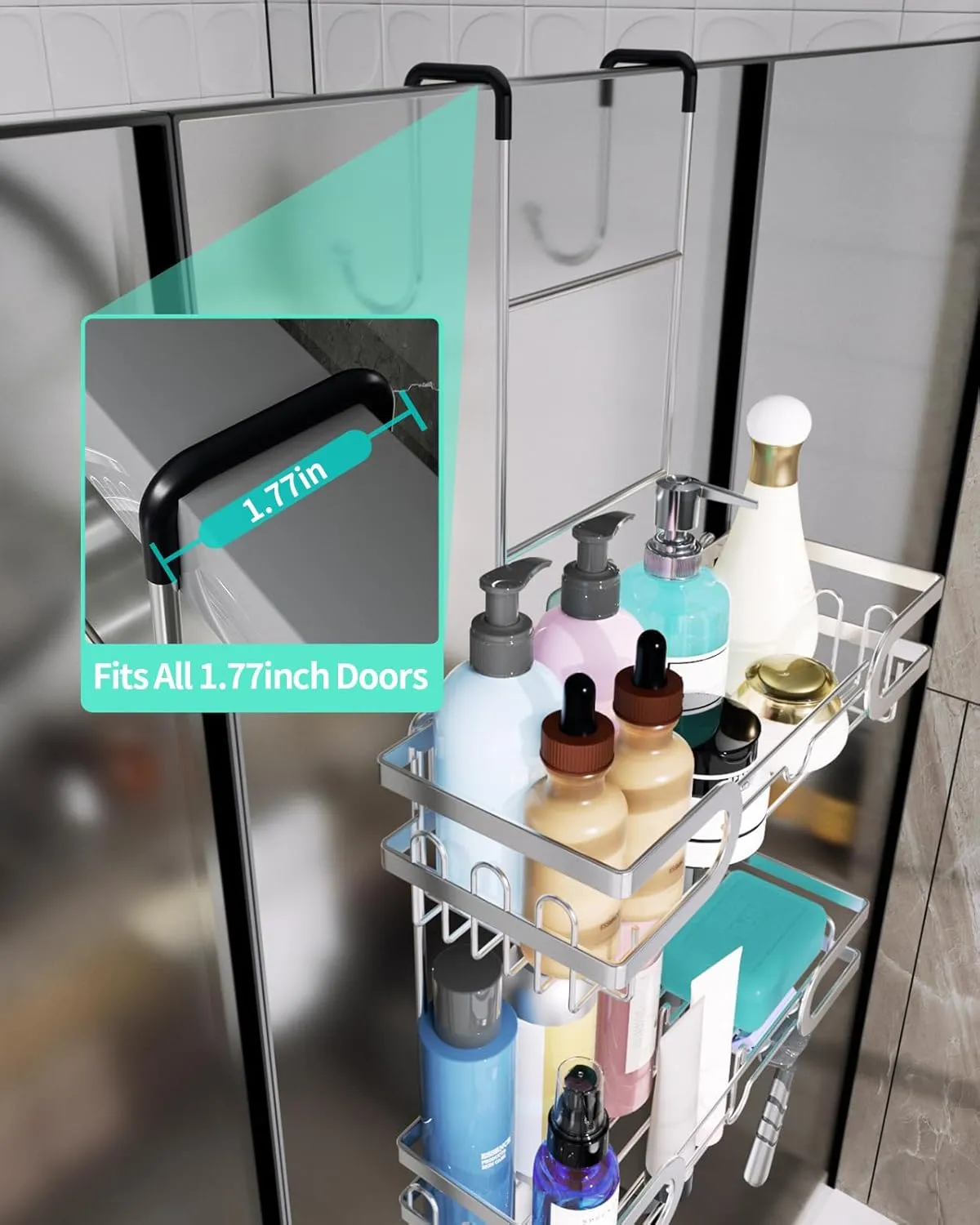 HapiRm Shower Caddy over Door- Hanging Shower Organizer with 14 Hooks and Soap Holder, Rustproof & Waterproof Stainless Steel Bathroom Caddy - Silver
