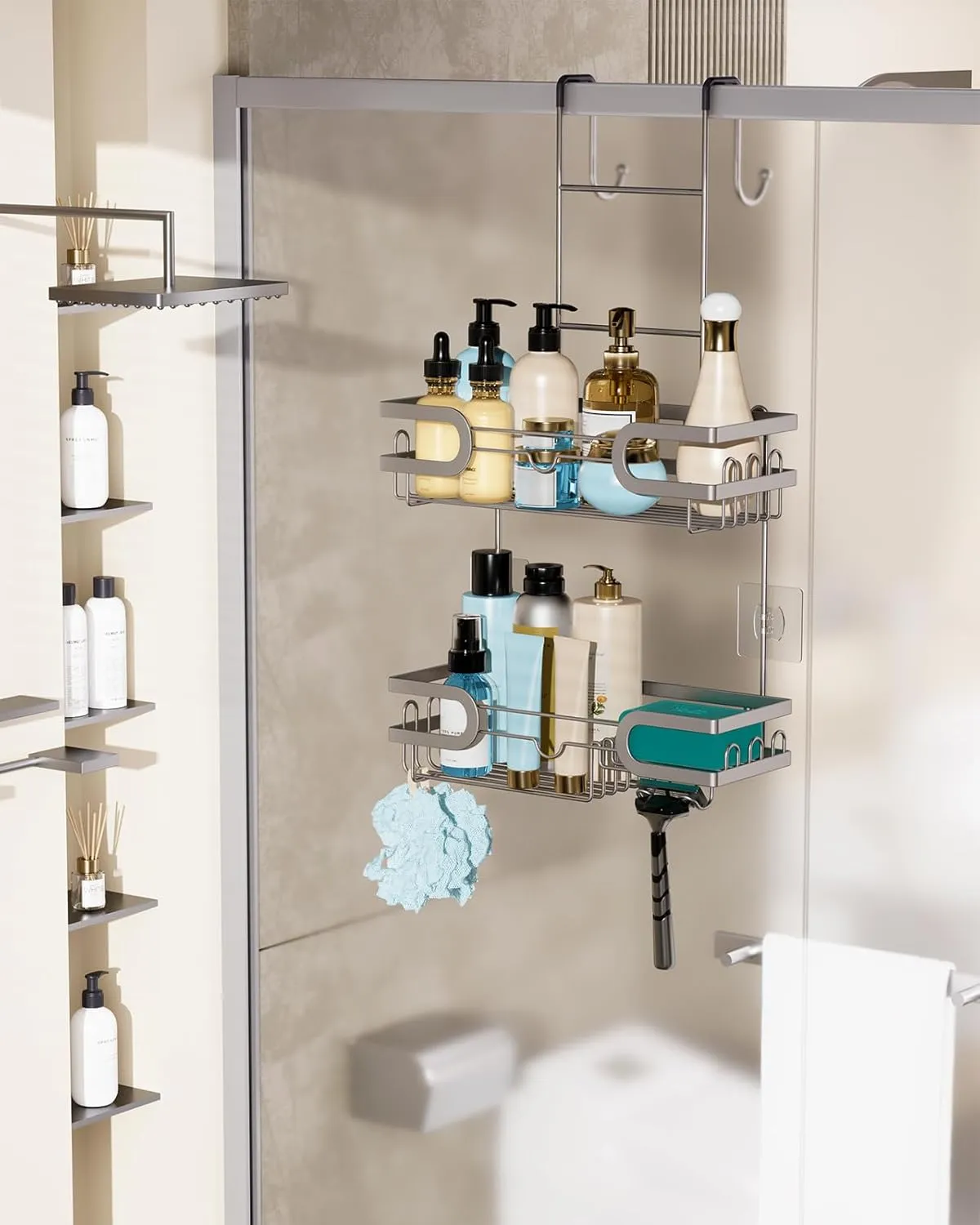 HapiRm Shower Caddy over Door- Hanging Shower Organizer with 14 Hooks and Soap Holder, Rustproof & Waterproof Stainless Steel Bathroom Shelf - Brushed Nickel