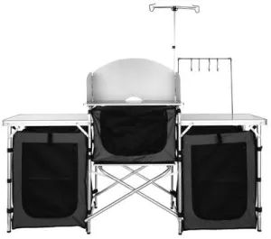 Happybuy Folding Camping Kitchen Table, Outdoor Cooking Station with Storage Bag, Aluminum with 3 Cupboards & Detachable Windscreen for Picnics, BBQ, RV Travel, Black