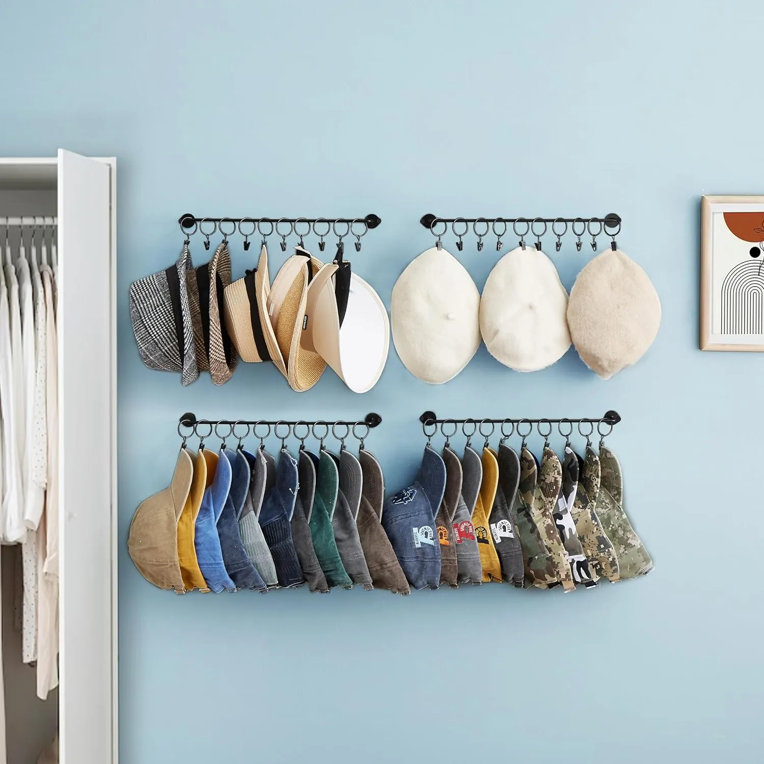 Hat Rack Wall Cap Organizer - Baseball Hat Racks Display Holder with 40 Hooks - Modern Metal Black Hats Storage Wall Mounted Caps Hanger Set of 4 for Closet Door Bedroom Entryway Laundry(Black)