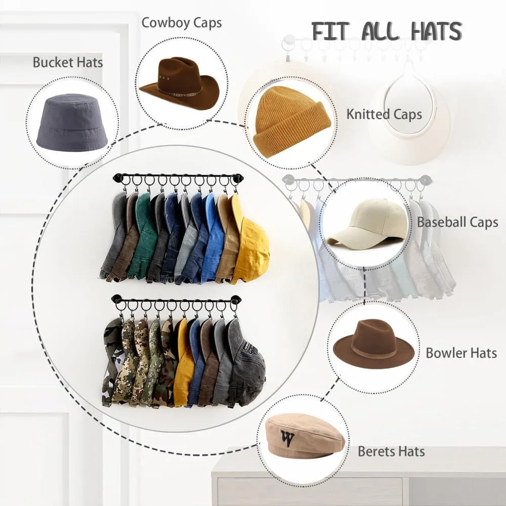 Hat Rack Wall Cap Organizer - Baseball Hat Racks Display Holder with 40 Hooks - Modern Metal Black Hats Storage Wall Mounted Caps Hanger Set of 4 for Closet Door Bedroom Entryway Laundry(Black)