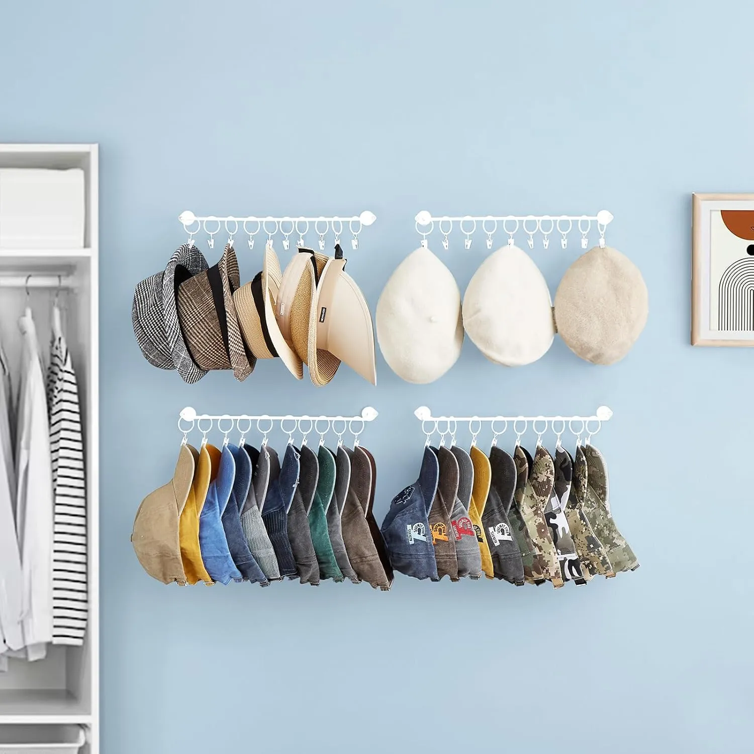 Hat Rack Wall Cap Organizer - Baseball Hat Racks Display Holder with 40 Hooks - Modern Metal Black Hats Storage Wall Mounted Caps Hanger Set of 4 for Closet Door Bedroom Entryway Laundry(White)