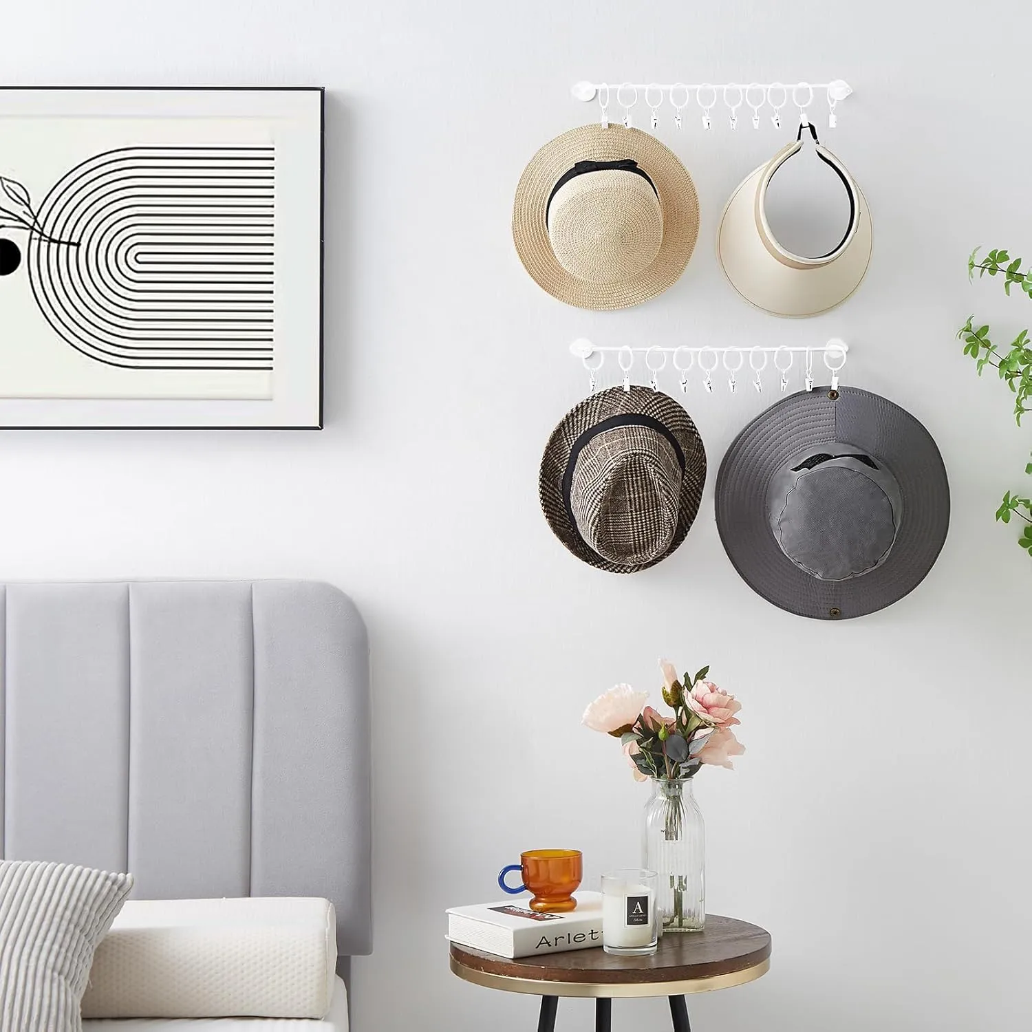 Hat Rack Wall Cap Organizer - Baseball Hat Racks Display Holder with 40 Hooks - Modern Metal Black Hats Storage Wall Mounted Caps Hanger Set of 4 for Closet Door Bedroom Entryway Laundry(White)